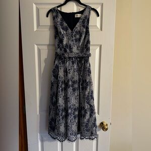Eliza J Navy and White Floral Lace Midi Dress